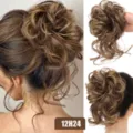 Synthetic messy hair bun extension, fluffy curly updo hairpiece for women, 25cm in color 12H24. - Color Code 12H24 / Golden Blonde Highlights