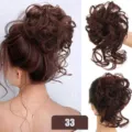 Synthetic messy hair bun extension for women, fluffy curly updo hairpiece 25cm brown. - Color Code 33 / Deep Red Brown