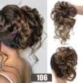 Detailed view of synthetic messy hair bun extension, fluffy curly scrunchie color 106. - Shade 106 / Gray and White Mix