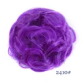 Close-up detail of synthetic purple fluffy messy hair bun scrunchie wig piece accessory. - Dark Purple Style (2410)