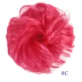 Synthetic hair bun scrunchie detail view, fluffy messy fake hair piece in bright pink color. - Messy Rose Bun Style (8C) / Rose Red