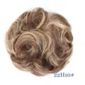 Closeup view of synthetic messy hair bun scrunchie, natural blonde and brown tone mix. - Chestnut/Camel (22H10)