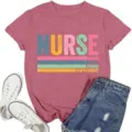 Mauve cotton t-shirt with colorful NURSE print and denim shorts for healthcare - S / Tops / Pink