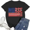 Black nurse theme t-shirt featuring American flag pattern text print with denim shorts - S / Tops / Black