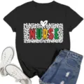 Women's black casual cotton nurse life T-shirt with colorful leopard print graphic - S / Tops / Black 3
