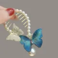 Pinza de pelo mariposa elegante con bordado azul, perlas artificiales y brillantes de lujo - Colorful butterfly pearl hair clip blue