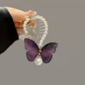 Elegant purple mesh butterfly hair clip with pearl embellishments for women - Colorful butterfly pearl hair clip purple