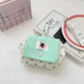 Mint green polka dot cosmetic pouch portable storage bag with flap and cute cartoon label. - Mist Grey Polka Dot