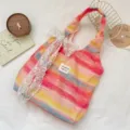 Colorful gradient stripe canvas bag detail showing vibrant aesthetic design and cute lace bow. - Vest Bag With White Flower / Vibrant Marble Effect