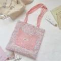 Zoete bloemen canvas draagtas met roze gingham kattenoor zak, casual schoudertas voor dagelijks. - Kattenoor Geruit Zak Stijl