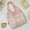 Pink tie-dye canvas shoulder bag with 3D white floral embroidery, aesthetic hobo tote bag. - Pink