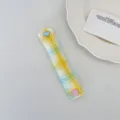 Macaron plaid cable organizer detail, cute heart button earphone cord strap for tidy desk. - Blue Plaid Lemon Yellow
