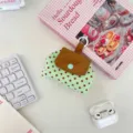 Green polka dot small storage pouch with brown flap and button for earphones or coins - Green Polka Dot