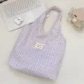 Paarse ruitjes canvas shopper tote tas, grote capaciteit casual schoudertas voor dagelijks. - Paars