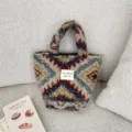 Winter fuzzy plush handbag for women, cute geometric patterned knit tote bag, daily casual style. - Multicolor Plaid