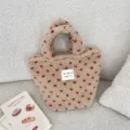 Beige fleece mini handbag with red heart pattern, cute plush tote bag for winter daily use. - Cream with Red Hearts