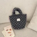 Korean style cute fuzzy plush handbag for women winter small tote bag with polka dots. - Grey Heart