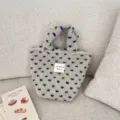 Cute fuzzy plush tote bag winter small handbag for women daily casual commuting use - Cream with Blue Hearts