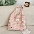 Red striped canvas tote bag with cute heart embroidery, large capacity shoulder bag for daily use. - Red Heart Stripe