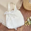 Cream polka dot canvas bag detail with delicate white lace bow, casual daily tote. - White Flower Decorative Style / Beige