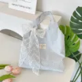 Light blue polka dot canvas tote bag with white lace bow, cute daily casual shoulder bag. - White Flower Decorative Style / Light Blue