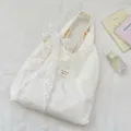 Cream white polka dot canvas tote bag with elegant white lace bow detail for daily use. - White Flower Decorative Style / White