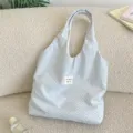 Casual polka dot canvas tote bag, stylish shoulder handbag for daily use, lightweight foldable purse. - Lazy Style Underarm Tote / Light Blue