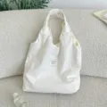 Off-white polka dot canvas shoulder tote bag, casual lazy style everyday bag detail view. - Lazy Style Underarm Tote / White