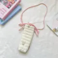 Korean style quilted camera bag with pink grid strap, cute embroidered pouch for daily use. - Baby Cotton Rabbit