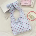 Blue gingham cherry print shoulder bag featuring sweet bow strap and drawstring detail, casual. - Blue