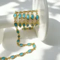 Vergoldete Messingkette mit blauen Zirkonia Steinen für DIY Schmuckherstellung. - Oval Einzelstein Kette / Gold Türkisblau