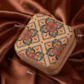 Vintage square cork jewelry box with vibrant ethnic print, compact travel ring organizer. - Flying Carpet / 10*10*5cm