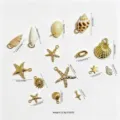 Detailed view of marine themed charms including starfish and shells with dimensions - Ocean Style Accessories Set (Mixed) / 15 Pieces/Pack (23.6g) / Multicolor