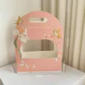 Pink floral gift box with handle and hollow design, perfect for flower arrangement and DIY. - Pink / 5 Pcs/Pack
