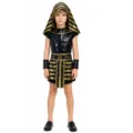 Detailed view of children Egyptian pharaoh costume featuring classic headpiece and tunic. - B-0274