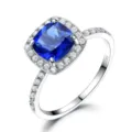 S925 Sterling Silber Kissen Schliff Blauer Saphir Halo Ring Luxus Pavé Diamant Schmuck - Größe 5 / Blau
