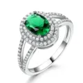 Silber Ring Ovaler Grüner Edelstein Doppelter Halo Zirkon Damen Eleganten Schmuck - Größe 5 / Grün
