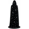 Mantello con cappuccio in velluto nero con stampa di stelle e luna per feste di Halloween. - Nero