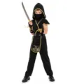Ensemble de costume de ninja noir pour enfants avec bordure dorée et épée jouet fête Halloween - M