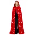 Mantello con cappuccio in velluto rosso con stampe di stelle e luna per Halloween. - Rosso