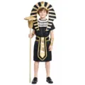 Detailed view of the kids Egyptian pharaoh costume, featuring golden headdress and scepter prop. - B-0116