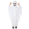 Dettaglio costume fantasma di Halloween per bambini, abito bianco spaventoso con cappuccio. - Taglia M / Bianco
