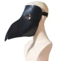 Black PU leather plague doctor mask detail view, ideal for Halloween cosplay and steampunk costumes. - Black-A