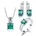 925 Silber Quadratisch Grün Edelstein Schmuck Set Kette Ohrringe Ring 3-Teilig - Set (Ringgröße 9) / 925er Silber