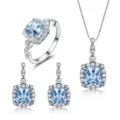 S925 Sterling Silber Blauer Topas Kette Ohrringe Ring Schmuck Set Elegant Damen - 3-teiliges Set (Halskette+Ohrringe+Ring) / Silberton (Mit Ringgröße 9)