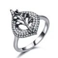 Silberner Blattring mit schwarzen Tropfensteinen und weißen Zirkonia, eleganter Schmuck. - Größe 6 / Blattstil (RUJ041BS-4) / Schwarz