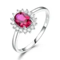 S925 Silber Oval Rot Edelstein Ring Blumen Cluster Zirkonia Schmuck Geschenk Damen - Größe 5 / Rot
