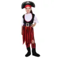 Detail van het piratenkostuum voor kinderen met gestreepte rok en schedel hoed voor Halloween. - M (Aanbevolen 110-120) / Set / ZB-034