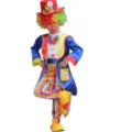 Detail view of children clown costume featuring colorful wig, striped pants and jacket. - ZA-007