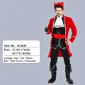Adult men's Halloween pirate costume set with red coat, hat, and hook prop for parties. - Pirate Style M-0090(M-0090)